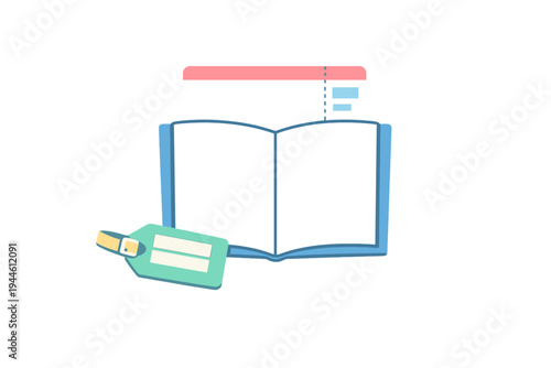 This flat vector illustration features an open blue book with black pages, a teal luggage tag with a yellow buckle, and abstract pink and blue shapes on a black background.