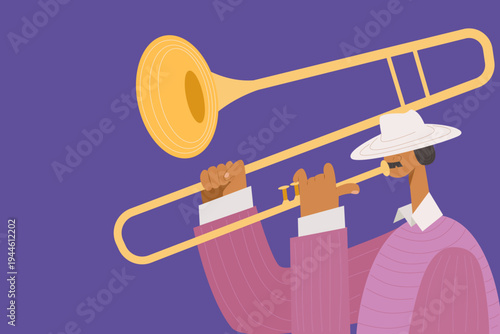 Stylized Illustration of a Jazz Musician Playing a Golden Trombone on a Purple Background