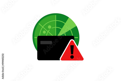 An illustration featuring a green radar screen in the background, a black card in the middle, and a red warning triangle with an exclamation mark in the foreground on a black background.