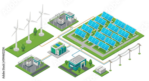 Isometric illustration of a sustainable energy park with wind and solar power