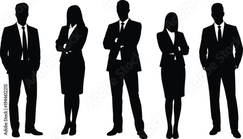 Set of professional business team silhouettes in flat vector style, men and women wearing suits isolated on white background, 20 words.