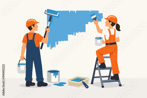 Professional Male and Female Painters in Overalls and Hard Hats Painting a Wall Blue with a Roller and Brush, Construction Workers Renovating an Interior Space, Flat Vector Illustration.