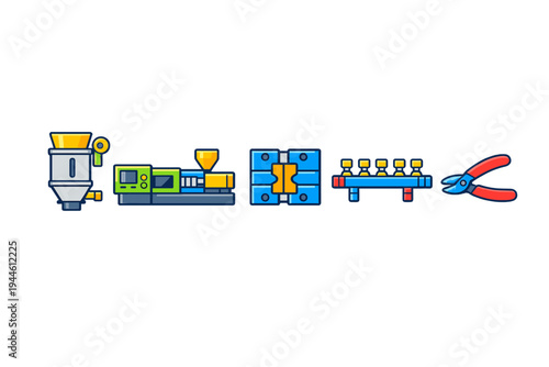 A set of five colorful flat icons representing the plastic injection molding process, including a hopper, machine, mold, manifold, and cutters, isolated on a black background.