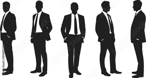 Set of professional businessman silhouettes in flat vector style, male entrepreneurs wearing suits isolated on white background for office projects, 20 words.