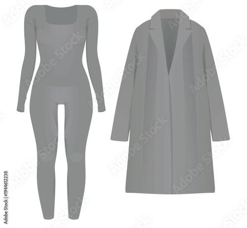 Grey woman jumpsuit and coat. vector illustration