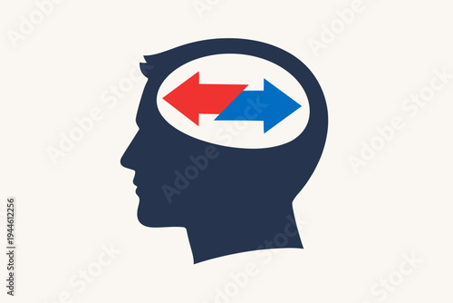 Silhouette of a Human Head with Two Opposing Arrows Inside, Symbolizing Cognitive Dissonance, Decision Making, Internal Conflict, Mental Health Issues, Confusion, and Psychological Dilemma.