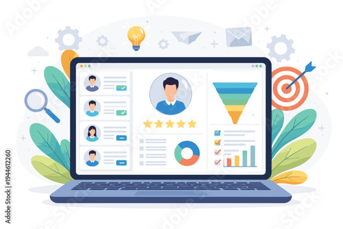 Flat vector illustration of a laptop showing a CRM dashboard with customer profiles, sales funnel, data analytics charts, and business icons for marketing, management, and sales optimization.