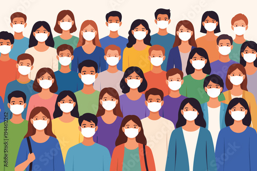 Large Crowd of Diverse People Wearing Protective White Face Masks in Public for Safety and Health During a Pandemic or Flu Season, Flat Vector Illustration for Community Protection and Awareness