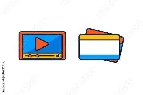 This graphic shows a digital video player icon next to a stack of payment cards. Both elements are designed in a modern flat style with bold outlines against a dark black backdrop.