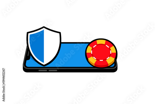 A flat illustration of a smartphone with a blue screen, featuring a protective shield icon and a red casino chip on a black background, representing secure mobile gambling.