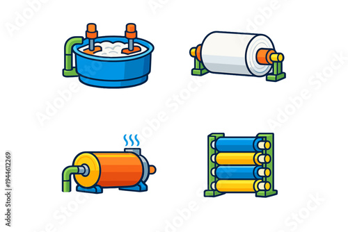 A set of four colorful industrial machinery icons on a black background, including a mixing vat, a large paper roll, a heating tank, and a roller rack in a flat cartoon style.
