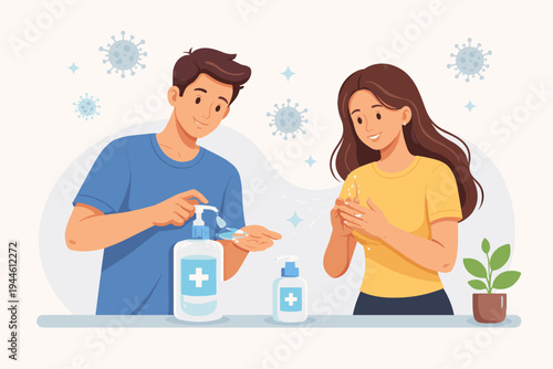 Vector illustration of a man and woman using alcohol hand sanitizer gel to disinfect their hands and prevent coronavirus infection, health and hygiene concept with virus icons in background.