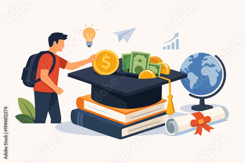 Young Student Putting Gold Coin into Graduation Cap Piggy Bank on Stack of Books, Concept for Education Savings, College Tuition Fees, Student Loans, and Investment in Future Career Success Vector