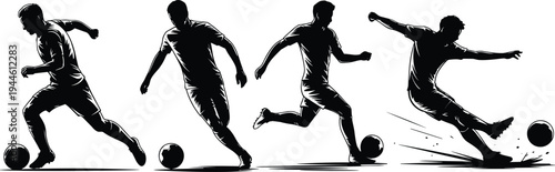 Set of soccer player silhouettes in flat vector style, male athletes dribbling and kicking ball isolated on white for sports, 20 words.