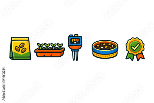 This set of flat design icons illustrates the gardening process, including a bag of seeds, young sprouts in a tray, a soil tester, a planting pot, and a quality checkmark.