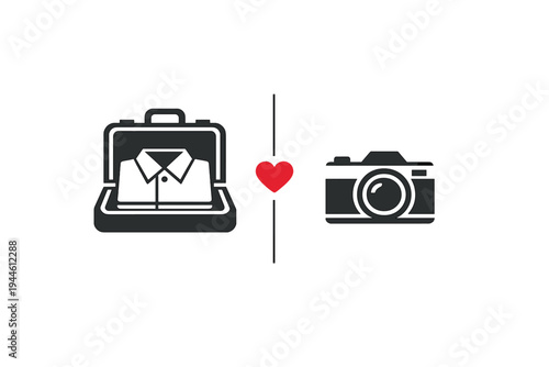 A black graphic illustration features a suitcase containing a folded shirt on the left and a camera on the right, separated by a vertical line with a red heart in the center.