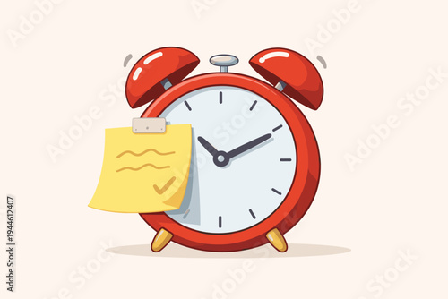 Red Alarm Clock Vector Illustration with Yellow Sticky Note Reminder, Simple Flat Design for Time Management, Productivity, Deadlines, and Morning Routine Concepts, Isolated on Background