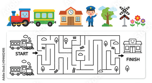 Colorful train illustration with a matching maze puzzle below it