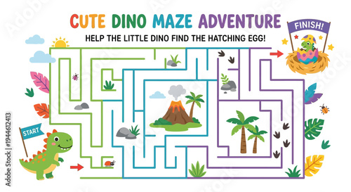 A colorful maze adventure featuring a cute dinosaur searching for an egg