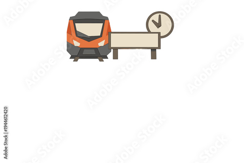 A minimalist vector graphic featuring the front of an orange train, a blank rectangular sign, and a circular clock positioned against a plain black backdrop.