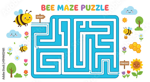 Cartoon bee maze puzzle with flowers clouds and a smiling sun