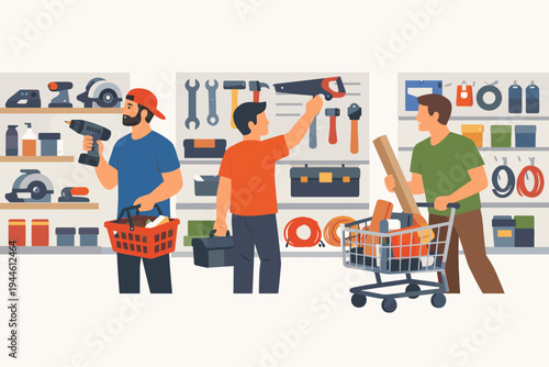 Flat Vector Illustration of Men Shopping for Tools and Supplies at a Hardware Store. Customers Browsing Shelves with Power Drills, Saws, and Equipment for Home Improvement and DIY Projects.