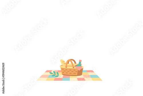 This flat vector illustration features a woven picnic basket containing a baguette and a bottle, placed on a colorful checkered blanket with a green sprig against a black backdrop.