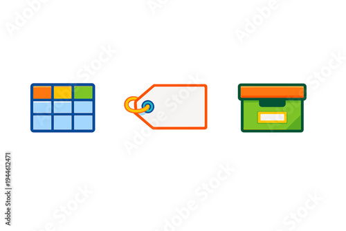 Three colorful cartoon icons representing a spreadsheet table, a price tag, and a storage box are displayed horizontally against a solid black background.