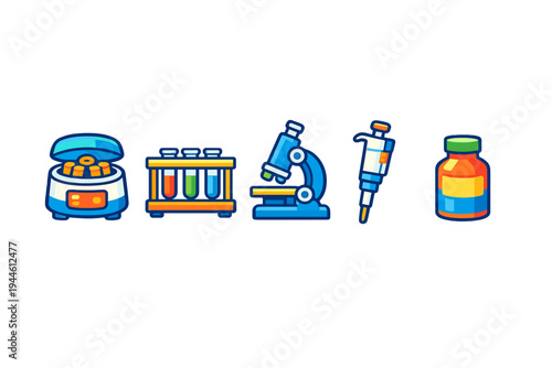 A collection of colorful laboratory equipment icons including a centrifuge, test tubes, a microscope, a pipette, and a medicine bottle, all set against a solid black background.