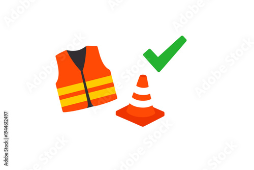 An illustration featuring an orange safety vest with yellow reflective stripes, an orange traffic cone with black bands, and a green checkmark icon on a solid black background.