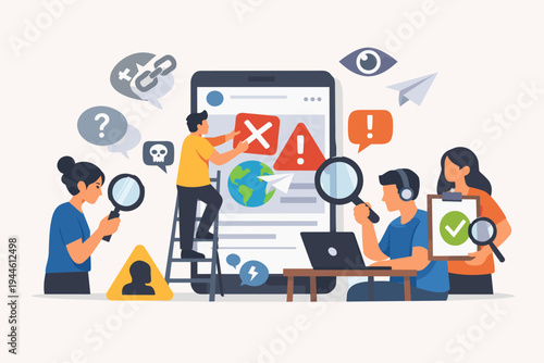Flat vector illustration of a team of professionals fact-checking social media posts, identifying fake news, misinformation, and scams using magnifying glasses and digital monitoring tools.