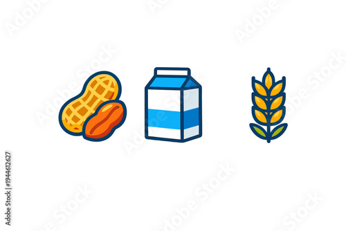 A set of three flat vector icons featuring peanuts, a blue milk carton, and a yellow stalk of wheat. The graphics are isolated on a black background with bold dark blue outlines.