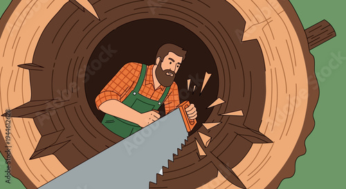 Illustration of man sawing through log with handsaw