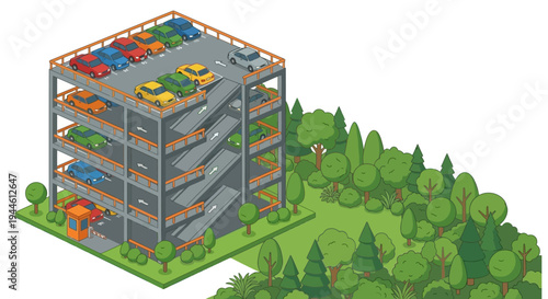 Isometric illustration of a multi story parking garage with surrounding greenery