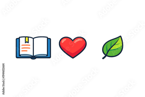 Three colorful icons representing a book, a heart, and a leaf are displayed horizontally against a solid black background. The icons feature a clean, modern vector style with bold outlines.