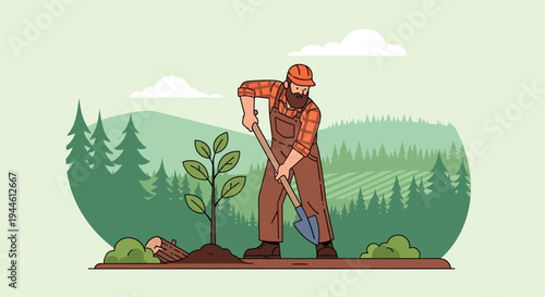 Illustration of a man planting a tree with a shovel in a natural outdoor setting