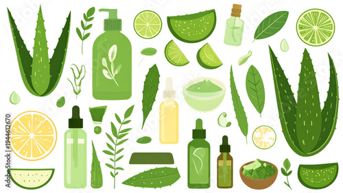 Aloe Vera Skincare Cosmetic Set with Gel Cream and Sliced Leaves Vector Illustration