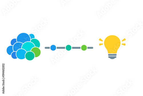 A conceptual illustration featuring a cluster of colorful circles on the left, a linear sequence in the middle, and a bright yellow lightbulb on the right against a black backdrop.