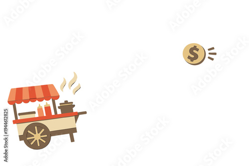 This flat paper-cut style illustration shows a mobile food cart with a red striped awning and a large dollar coin. The cart includes condiment bottles and a steaming pot.