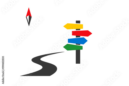 A winding gray road leads toward a dark signpost with four colorful arrows pointing in different directions. A red and black compass needle floats in the upper left corner.
