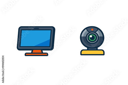 This vector graphic displays two icons including a desktop computer monitor with a blue screen and a circular webcam with a yellow stand, isolated on a solid black background.