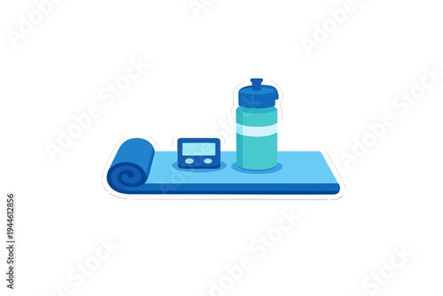 This flat vector illustration features a blue exercise mat, a digital stopwatch, and a water bottle. It depicts essential equipment for a home workout or yoga session.