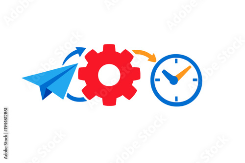 A blue paper plane, a red gear, and a clock are connected by arrows on a black background. The graphic elements use flat design style with vibrant blue, red, and orange colors.