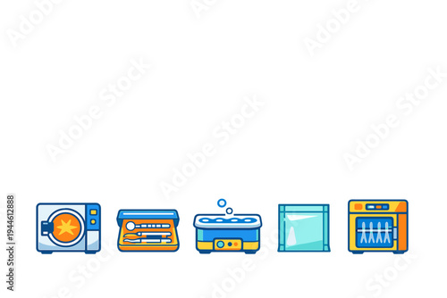 A set of five flat vector icons representing medical sterilization equipment, including an autoclave, dental instruments, ultrasonic cleaner, and sterilization pouch on a black background.