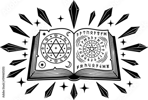 Magic spell book with crystals runes and mystical symbols