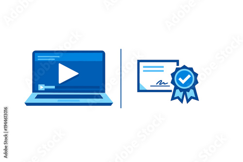 A blue flat illustration featuring a laptop with a video player and a certificate with a checkmark seal, symbolizing online education, e-learning, and professional certification.