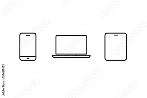 A minimalist line art illustration featuring three electronic devices: a smartphone, a laptop, and a tablet computer, all presented as simple outlines on a dark textured background.