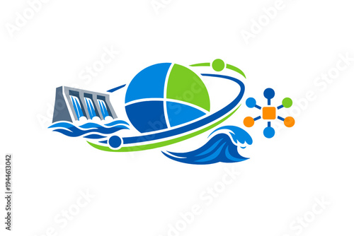 This illustration displays a hydroelectric dam, a segmented globe, stylized waves, and a digital network symbol, symbolizing clean energy, environmental technology, and water.