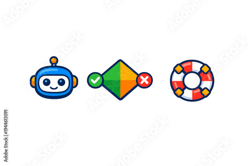 A set of three digital icons on a black background including a blue robot face, a decision diamond with a checkmark and cross, and a red and white lifebuoy for assistance.