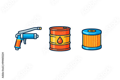A set of three colorful cartoon icons featuring a grease gun, an orange oil barrel with a droplet symbol, and a yellow oil filter, all isolated on a solid black background.